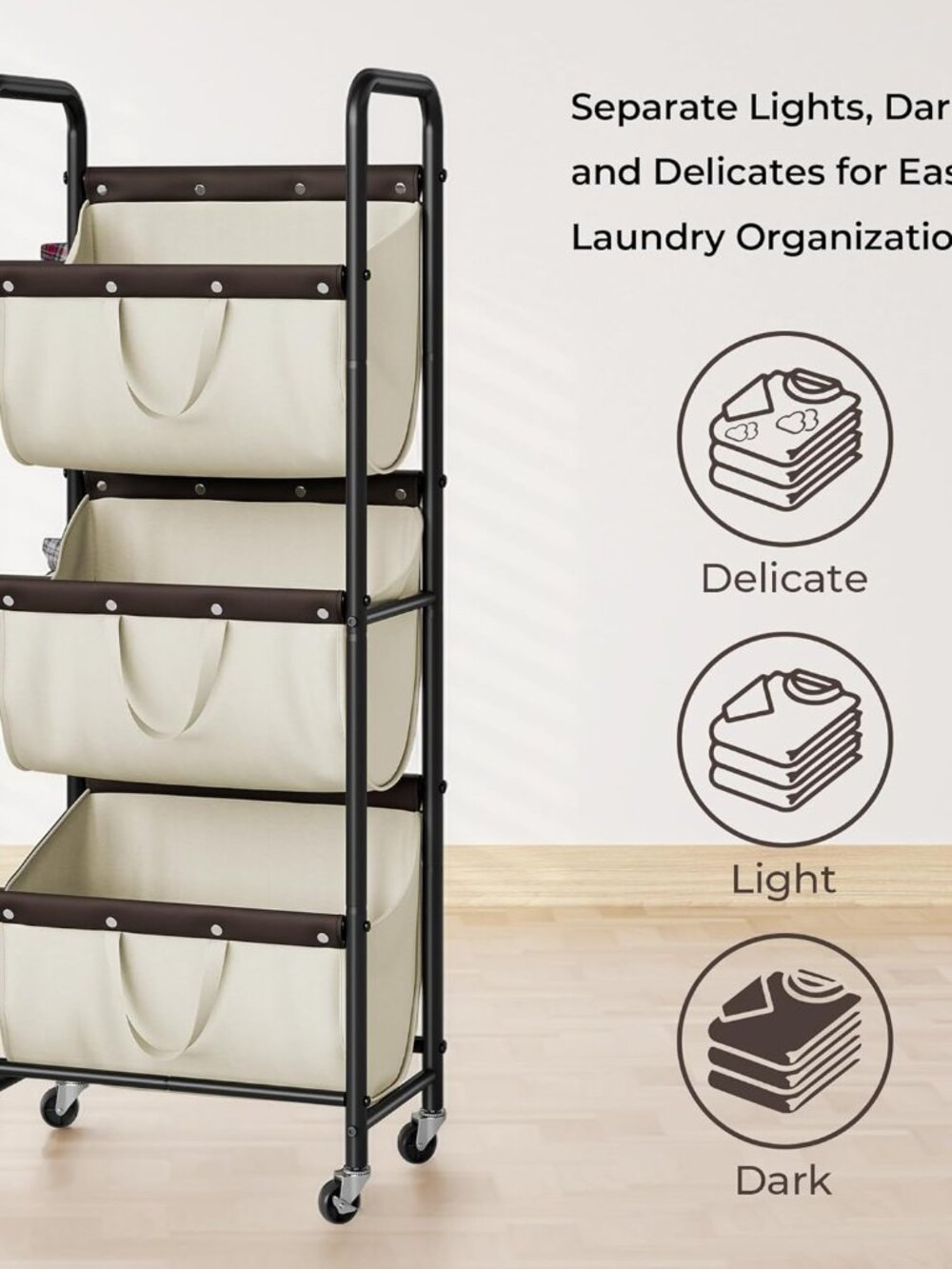 3 Tier Laundry Sorter, Laundry Basket with Wheels, Laundry Room Organization and - Picture 5 of 8